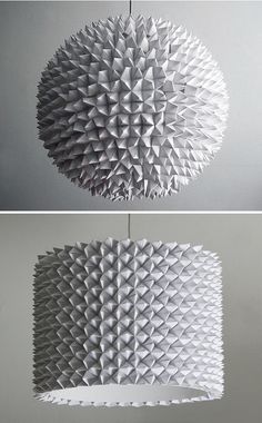 two different views of a light fixture made out of folded origami paper, one is white and the other is gray