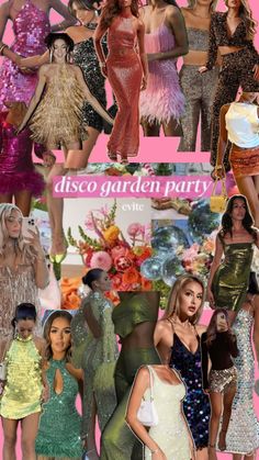 Tropical Disco Outfit, Disco Bloom Party, Disco Garden Party Outfit, Old Hollywood Party Outfit, Modern Disco Outfit For Women, 70 Outfits 70s Fashion, Tropical Disco Party, Party Dress Code Ideas