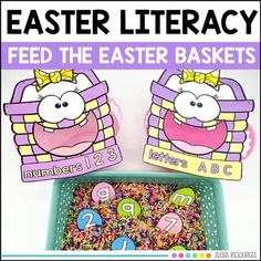 two baskets filled with numbers and letters for an easter themed counting game that teaches children to count