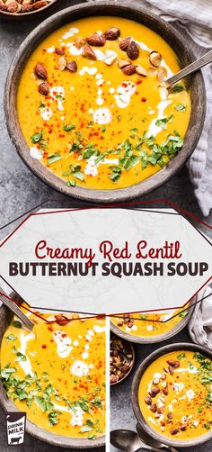 two bowls of creamy red lentil butternut squash soup