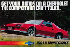 an advertisement for the chevrolet camaro is shown in two separate images, one showing it's front and back end