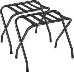 two black metal stools sitting next to each other on top of a white background