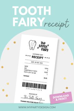 the tooth fairy receipt is shown with gold confetti around it and text that reads,