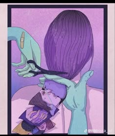 a person cutting another persons hair in front of a purple background with text that reads, i don't know what this image is