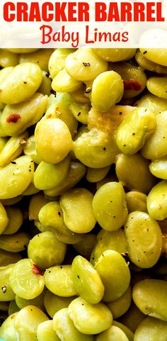 close up view of cracker barrel baby limas in a blue bowl with text overlay