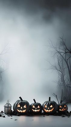 halloween pumpkins with carved faces on the ground in front of trees and foggy sky