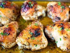 These Baked Italian Chicken Thighs are marinated in garlic, lemon and herbs then baked until falling off-the-bone tender and juicy. #BakedItalianChickenThighs #ItalianRecipes #ChickenRecipes Italian Chicken Thigh Recipes, Italian Chicken Thighs, Italian Chicken Thighs Baked, Boneless Skinless Chicken Thigh Recipes Italian, Butterfly Chicken Recipes, Lemon Balsamic Chicken Thighs, Italian Marinated Chicken, Italian Marinade For Chicken