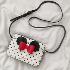 New Disney X Kate Spade New York Minnie Mouse Camera Bag K4760 $269 5'' H X 7.6 '' W X 2.2'' D Strap Drop: 22" When Buckled At Center Hole Printed Pvc Metal Pinmount With Spade Logo Two Way Spade Jacquard Lining Interior: 4 Credit Card Slots, Slip Pocket Exterior: Slip Pocket On Front Zip Closure Can Fit Up To Iphone 12 Pro Max Inside Zip Compartment Only Dust Bag Not Included Imported Style No. K4760 Blue Kate Spade Purse, Leather Zip Pouch, Spade Logo, Take The Risk, Cross Shoulder Bags, Kate Spade Crossbody Purse, Cute Handbags, Gold Handbags, Crossbody Tote Bag