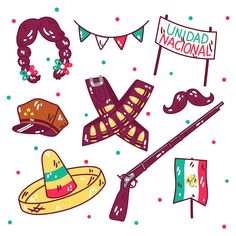 an image of various mexican items on a white background with confetti and flags