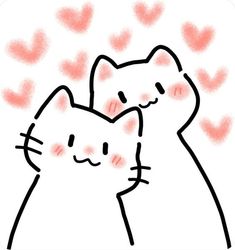 two cats hugging each other with hearts in the background