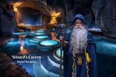 wizard's caven digital painting with blue and yellow lights in the water area