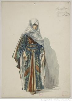 an old fashion drawing of a woman wearing a blue and white dress with a shawl over her head