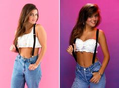 two photos of a woman in high waist jeans with suspenders and cropped top