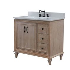 a bathroom vanity with two sinks and no faucet