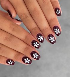 will never get tired of daisies 🤍🌼🍷 @cmp_beautysupplies gel polishes used: 🤍greed 🤍french white - - - - - #nail #nails #springnails #summernails #winternails #wine #burgundy #flowernails #daisynails #60s #70s #flowerpower #1970s #beauty #retro 1970s Beauty, 60s Nails, White Nail, Flower Nails, Winter Nails, Spring Nails