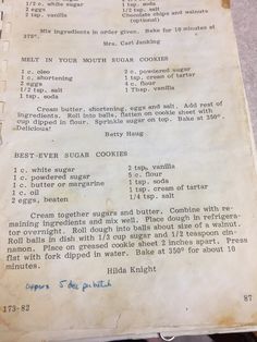 an old recipe book with writing on it