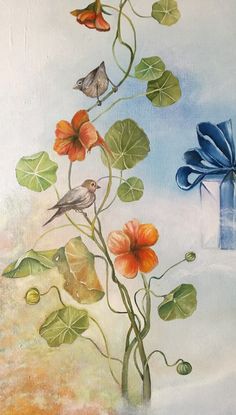 a painting of flowers with a blue bow on the top and another flower in the background