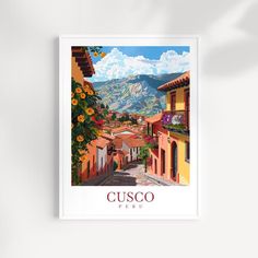 a painting of an italian town with mountains in the background and flowers on the street