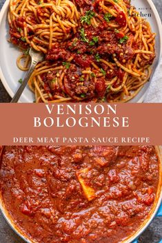 a plate with spaghetti and sauce on it next to a bowl of pasta, fork and spoon