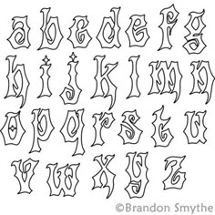 an old english alphabet with the letters and numbers drawn in black ink on a white background