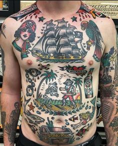 a man with many tattoos on his chest