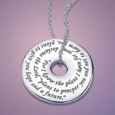 Inscribed, "For I know the plans I have for you," declares the Lord, "plans to prosper you and not to harm you, plans to give you hope and a future." Verse 11 of Jeremiah 29 is an affirmation of God's purpose for us all. #Christmas #gift #gifts #Christian #jewelry #necklace Silver Necklace Designs, Mens Chain, Tiffany Diamond, Silver Pendant Lighting, Necklace Mens, I Know The Plans, Mens Silver Necklace, Necklace For Girlfriend, Diamond Solitaire Necklace