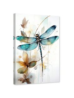 a blue dragonfly sitting on top of a leaf covered wall mounted art piece with watercolor