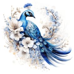 a painting of a blue bird with white flowers