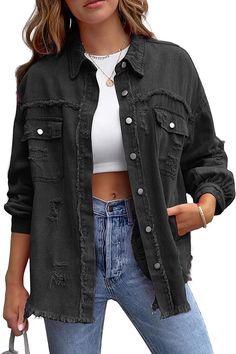 PUWEI Ripped Fringe Jean Jacket Women Distressed Washed Button Down Frayed Denim Shacket with Pocket Fringe Jean Jacket, Shacket Women, Womens Distressed Jeans, Denim Shacket, Biker Look, Fringe Jeans, Distressed Jean Jacket, Jean Vintage