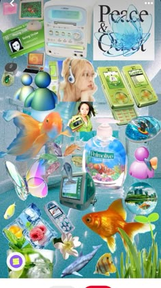 an image of a woman surrounded by many different things in the water and on her phone