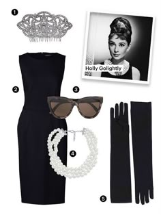 a black dress and accessories are featured in this image