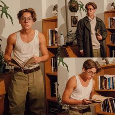 three pictures of a young man reading a book in front of a bookshelf