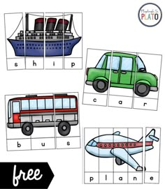 four puzzles with pictures of cars, trucks and planes to help kids learn how to read the