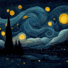 an artistic painting shows the night sky and stars