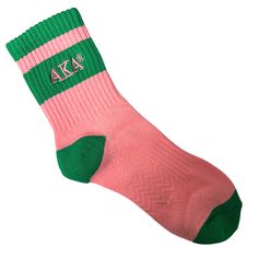 AKA low calf color coordinated socks with AKA embroidered in the fabric. One size fits most. Imported. 80% cotton, 18% nylon, 2% lycra. Alpha Kappa Alpha, Custom Embroidery, Crew Socks, Custom Clothes, Pink White, Socks, Pink, Fabric, Color