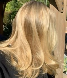 the back of a woman's head with long blonde hair in front of a wooden structure