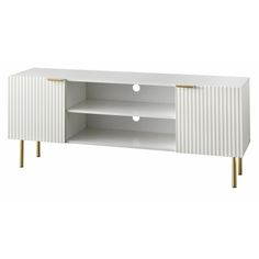 a white tv stand with two gold legs and an open door on the front side