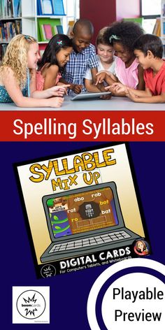 an advertisement for the children's digital card game, spelling syllables mix - up