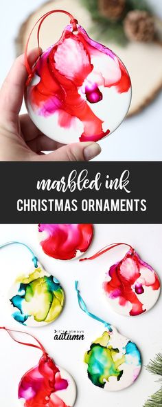 marbled ink christmas ornaments with text overlay that reads marbled ink christmas ornaments