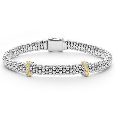 Sterling silver Caviar beading accented by two 18k gold and diamond stations form this detailed LAGOS bracelet. LAGOS diamonds are the highest quality natural stones. Lagos Bracelet, Diamond Gift, Engraved Items, Bracelet Stack, Round Brilliant Cut Diamond, Pendant Set, 1 Carat, Jewelry Store, Brilliant Cut Diamond