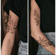 two photos showing the same tattoo on one arm and another with an olive branch on the other