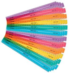 a large set of rulers with different colors on each side and numbers in the middle