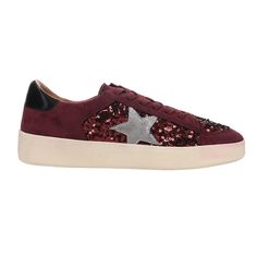 Another Round Sneakers by Corkys, featuring a sequined upper with faux suede overlay, topped off with a metallic star. $64.99 Another Round, Red Sneakers, Lace Up Sneakers, Casual Sneakers, Lady In Red, Faux Suede, Casual Shoes, Sequin, Shoes Sneakers