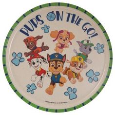 a dog themed plate with paw patrol dogs on the go written in blue and green