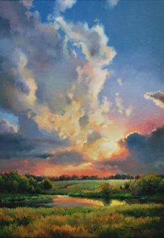 a painting of the sun setting over a field with clouds in the sky above it