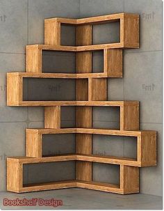 a book shelf made out of wooden shelves