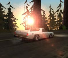 a white car driving down a street next to tall pine trees at sun rise in the background