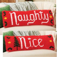 two christmas pillows on a couch with the word merry nice written in red and green