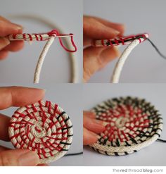 three pictures showing how to make a loom ball ornament with yarn and thread