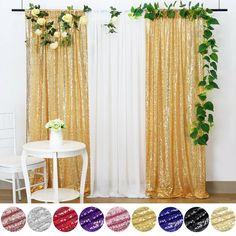 gold sequin curtains with white flowers and greenery